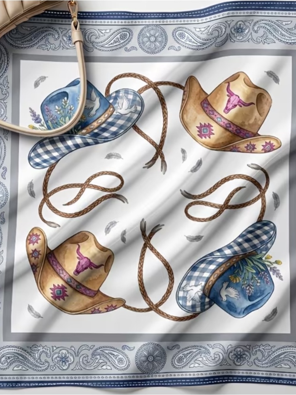 Western Cowboy Hats, Silky Scarf in Cream, Blue and Tan Print 20” x 20”
